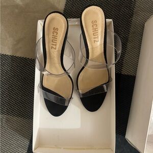 SCHUTZ plexi black slip on heels